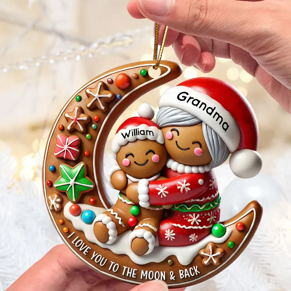 Gingerbread Grandma Hugging Grandkid On Moon Christmas Personalized Acrylic Ornament, Meaningful Gift For Granddaughter, Grandson - Image 4