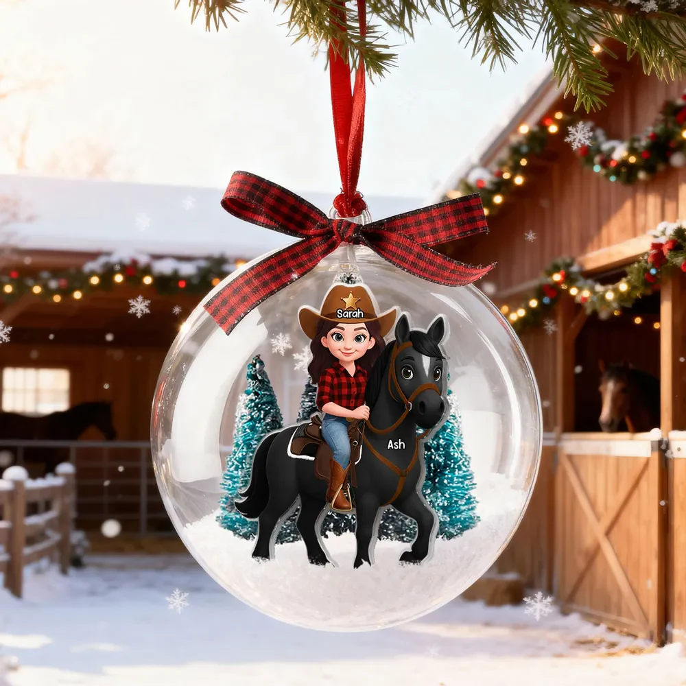Girl Riding Horse - Personalized Snow Globe Shape Ornament - Image 2