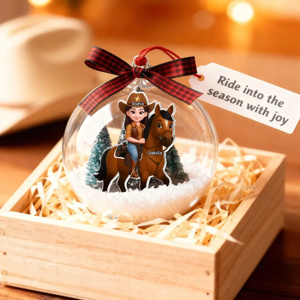 Girl Riding Horse - Personalized Snow Globe Shape Ornament - Image 3