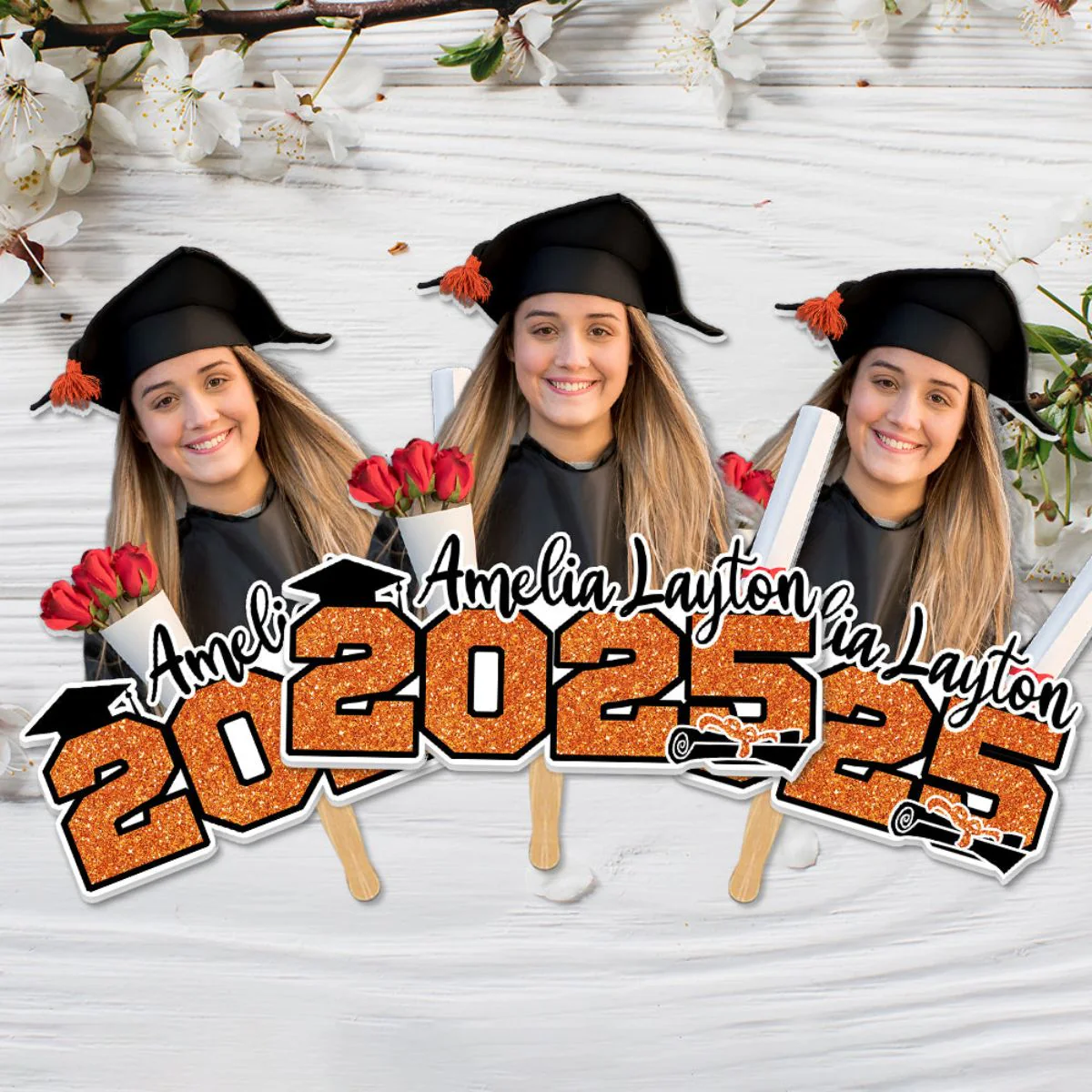 Glitter 2025 Photo Graduation Face Fans With Wooden Handle, Gift For Graduation Party - Image 3