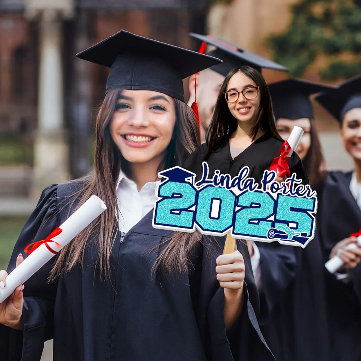Glitter 2025 Photo Graduation Face Fans With Wooden Handle, Gift For Graduation Party - Image 4