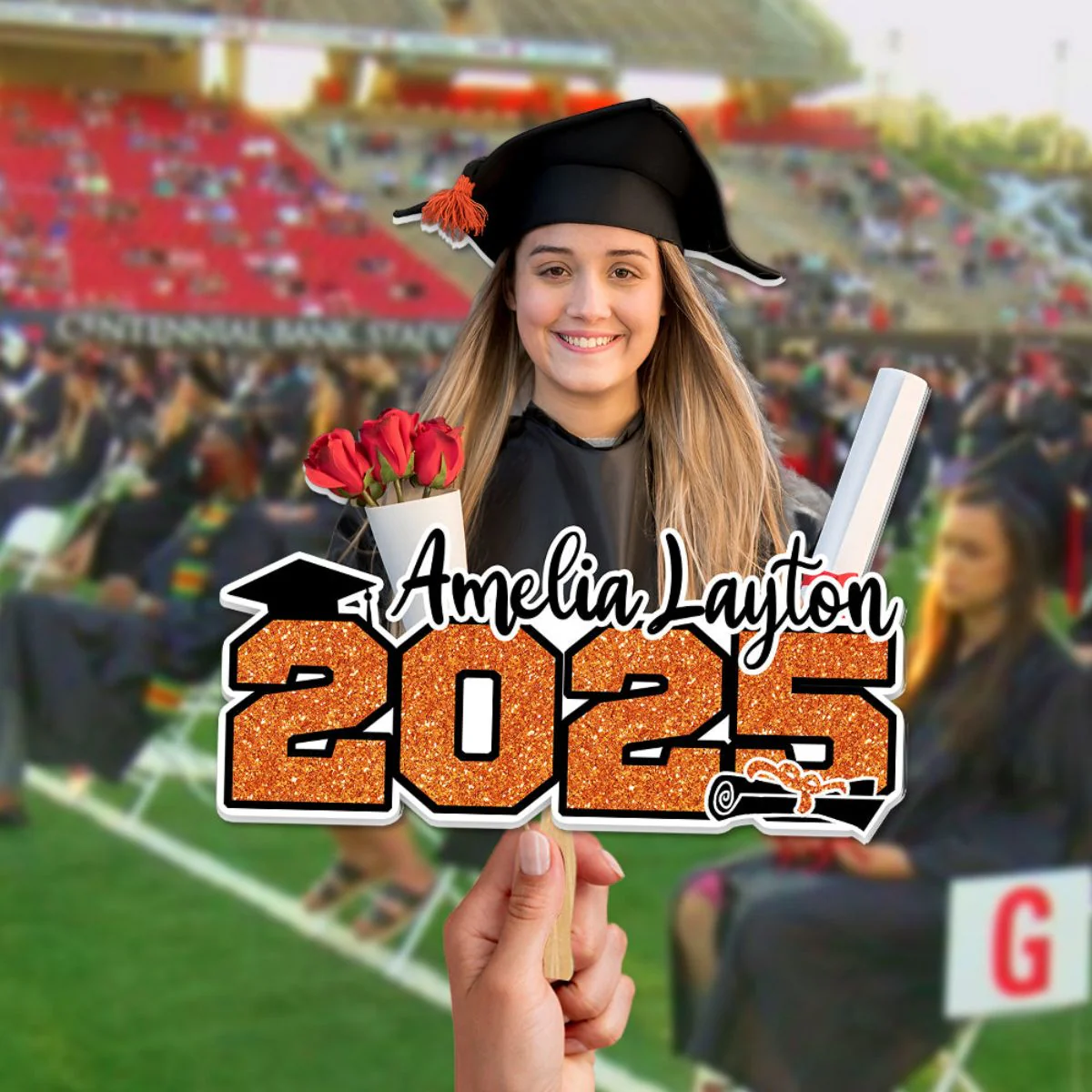 Glitter 2025 Photo Graduation Face Fans With Wooden Handle, Gift For Graduation Party - Image 5
