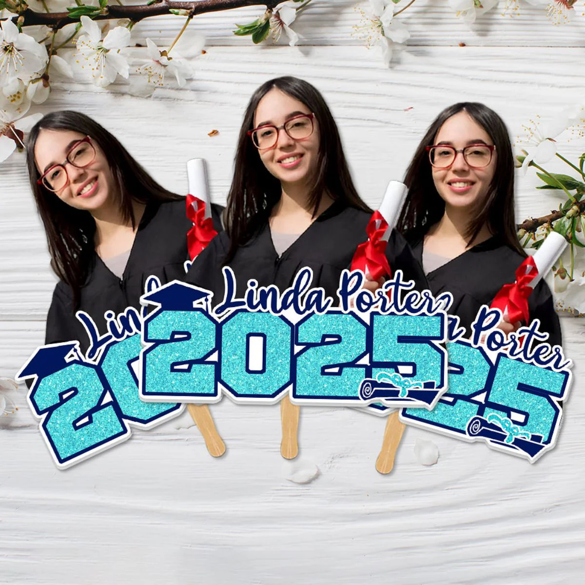 Glitter 2025 Photo Graduation Face Fans With Wooden Handle, Gift For Graduation Party - Image 8