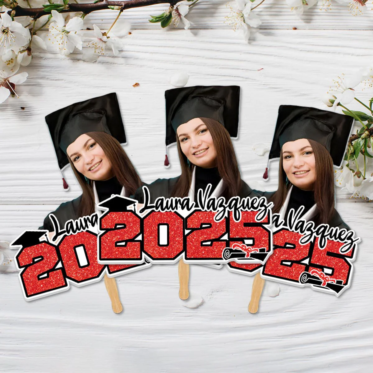 Glitter 2025 Photo Graduation Face Fans With Wooden Handle, Gift For Graduation Party - Image 9