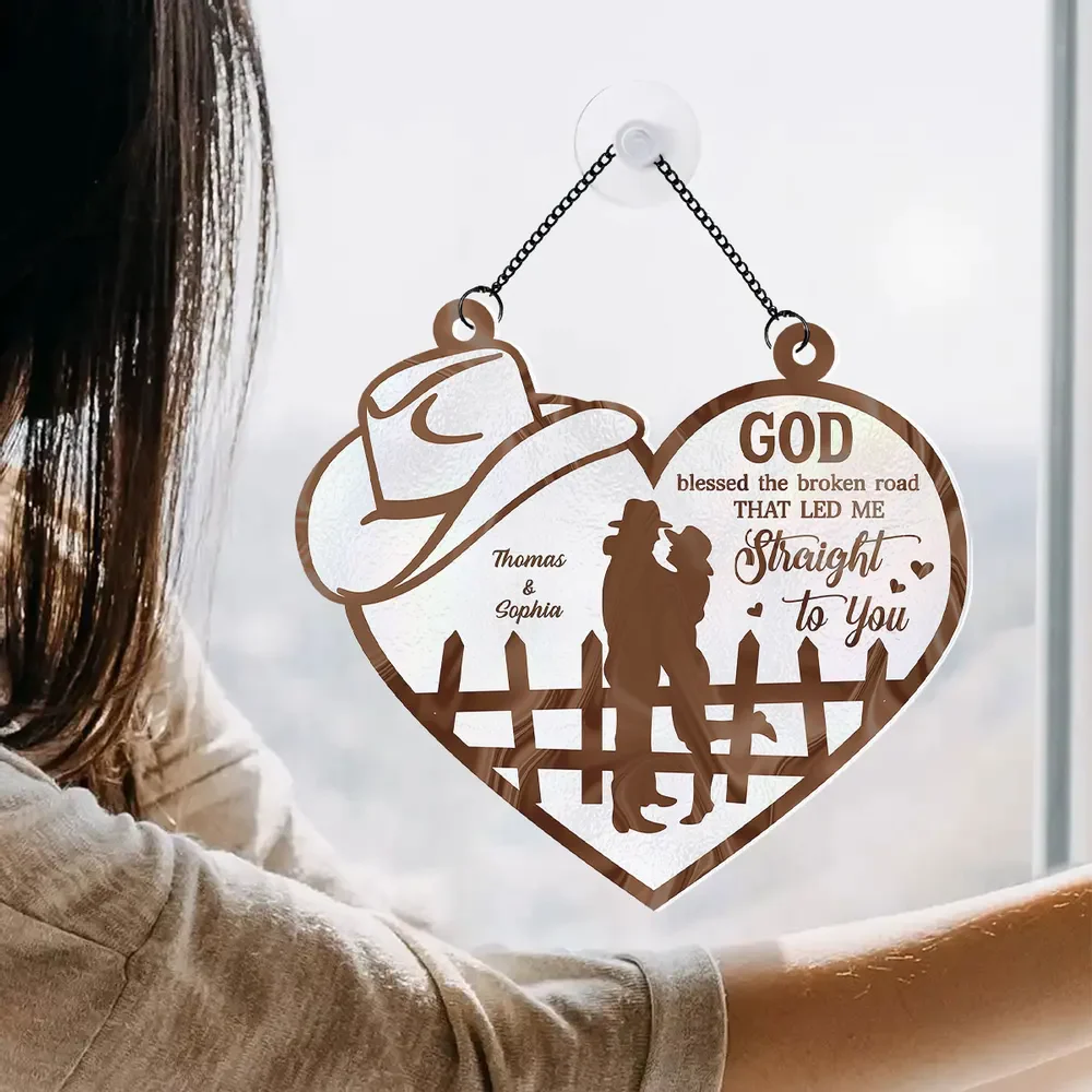 God Blessed The Broken Road Country Vibe Couple Personalized Custom Acrylic Suncatcher - Image 3