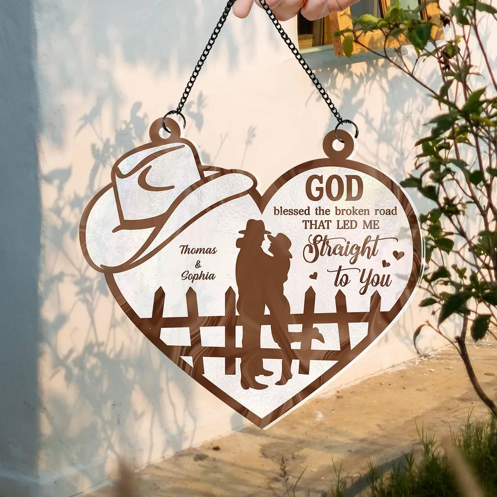 God Blessed The Broken Road Country Vibe Couple Personalized Custom Acrylic Suncatcher - Image 5