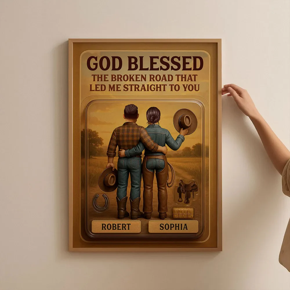 God Blessed The Broken Road - Custom Figure Country Vibe Cowboy & Cowgirl Couple Personalized Poster - Image 8