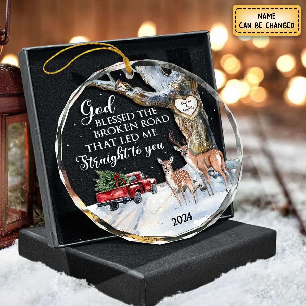 God Blessed The Broken Road ā Gift For Couple Personalized Christmas Glass Ornament Holiday Decoration - Image 3
