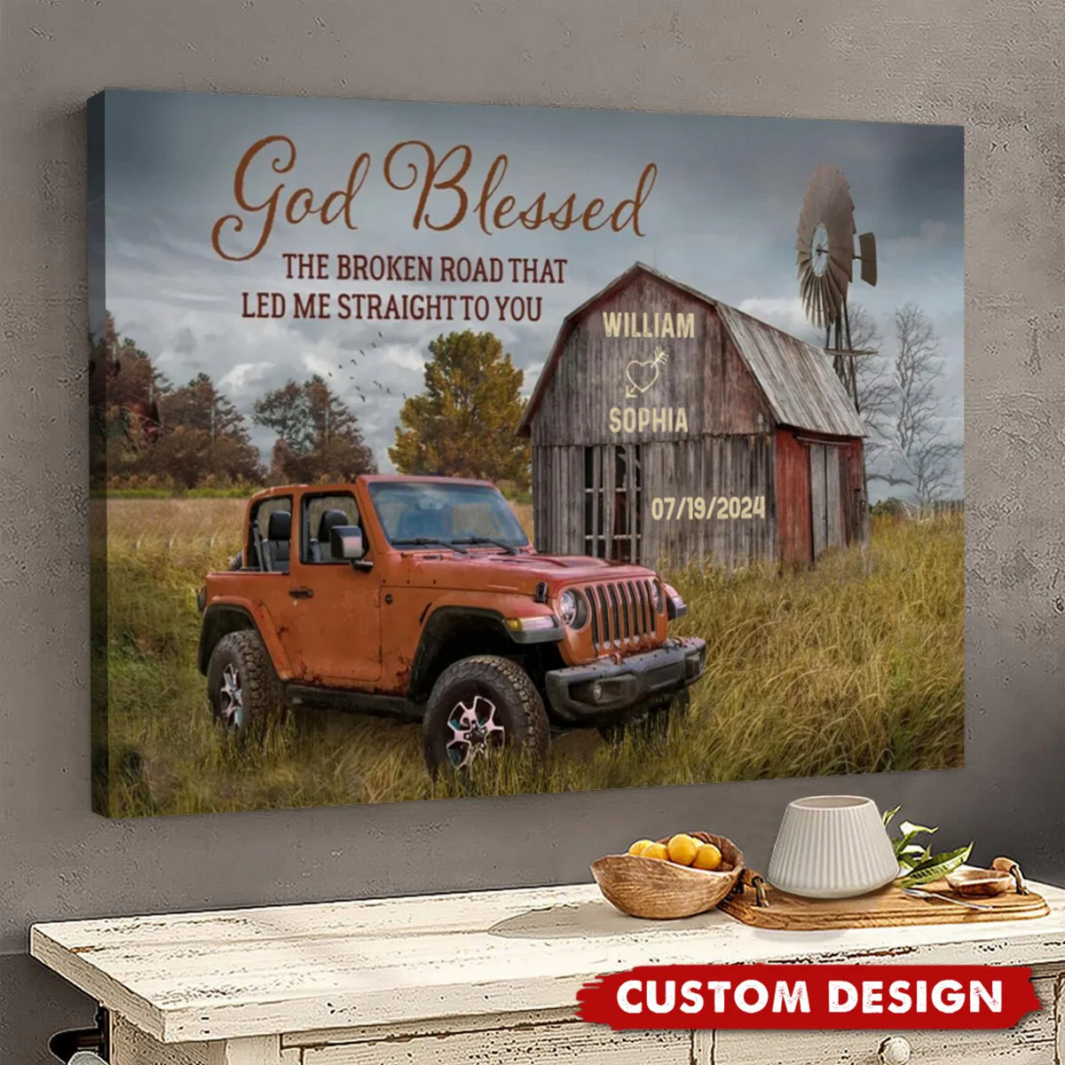 God Blessed The Broken Road Old Barn and Vintage Vehicle Canvas - Image 3