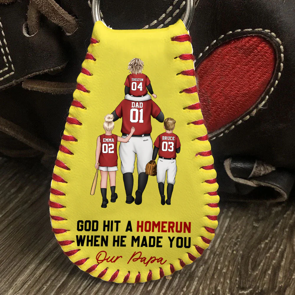 God Hit A Homerun When He Made You My Dad - Personalized Custom Leather Baseball Keychain - Image 3