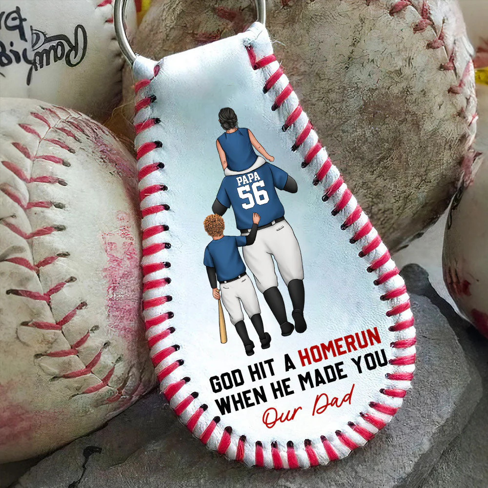 God Hit A Homerun When He Made You My Dad - Personalized Custom Leather Baseball Keychain - Image 4