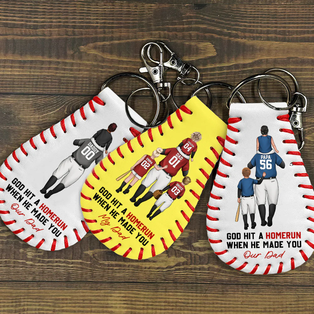 God Hit A Homerun When He Made You My Dad - Personalized Custom Leather Baseball Keychain - Image 5