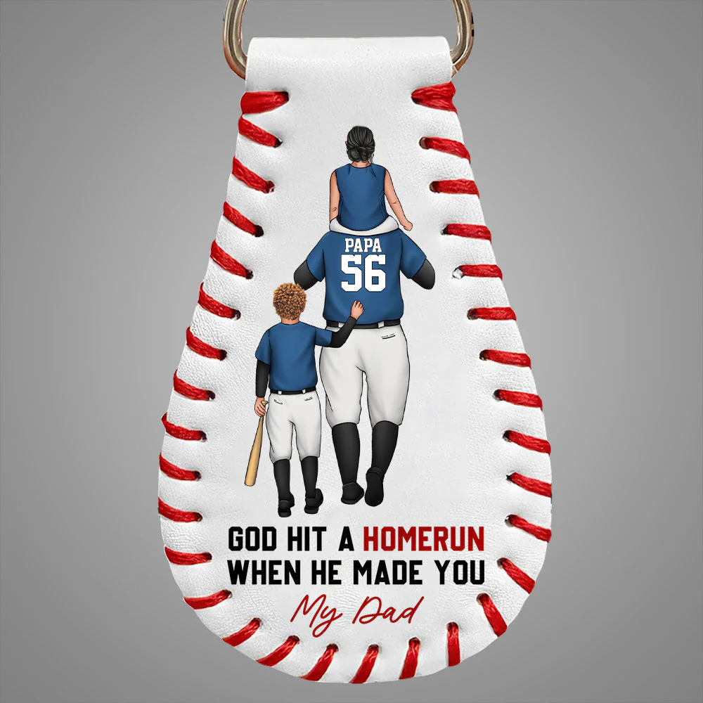 God Hit A Homerun When He Made You My Dad - Personalized Custom Leather Baseball Keychain - Image 6