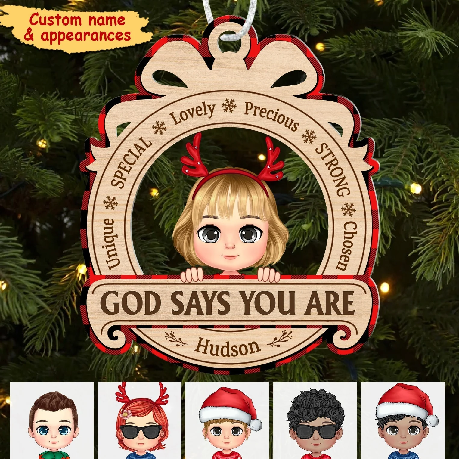 God says you are Cute Kids Christmas Vibe Affirmation Personalized Ornament - Image 3