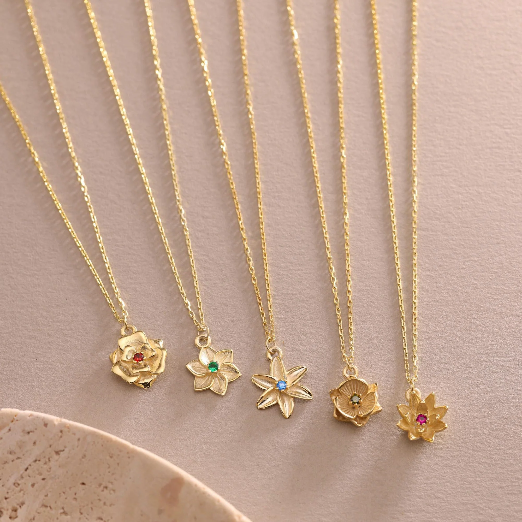 Gold Birth Flower Necklace with Birthstone - Image 3