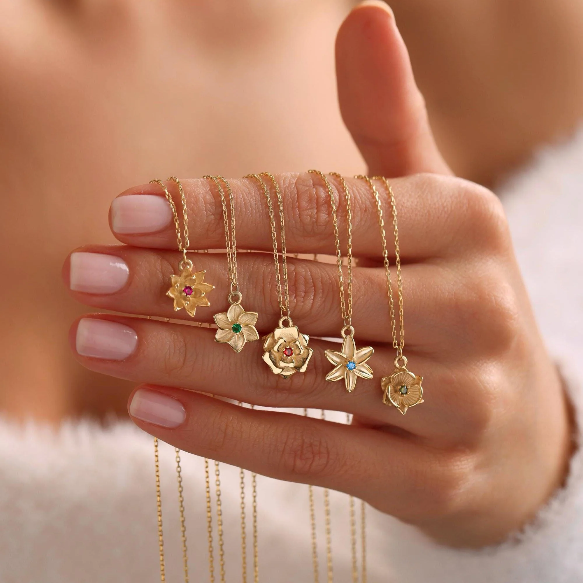 Gold Birth Flower Necklace with Birthstone - Image 4