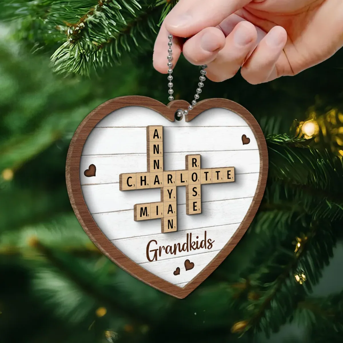 Grandkids Crossword Puzzle Art Personalized Heart Shaped 2-Layer Wooden Ornament - Image 2