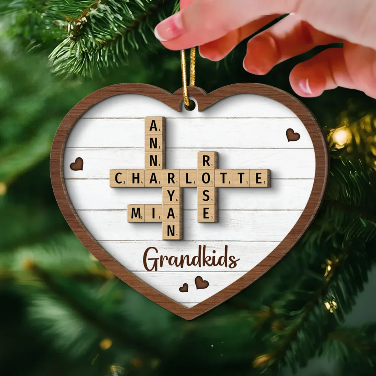 Grandkids Crossword Puzzle Art Personalized Heart Shaped 2-Layer Wooden Ornament - Image 3