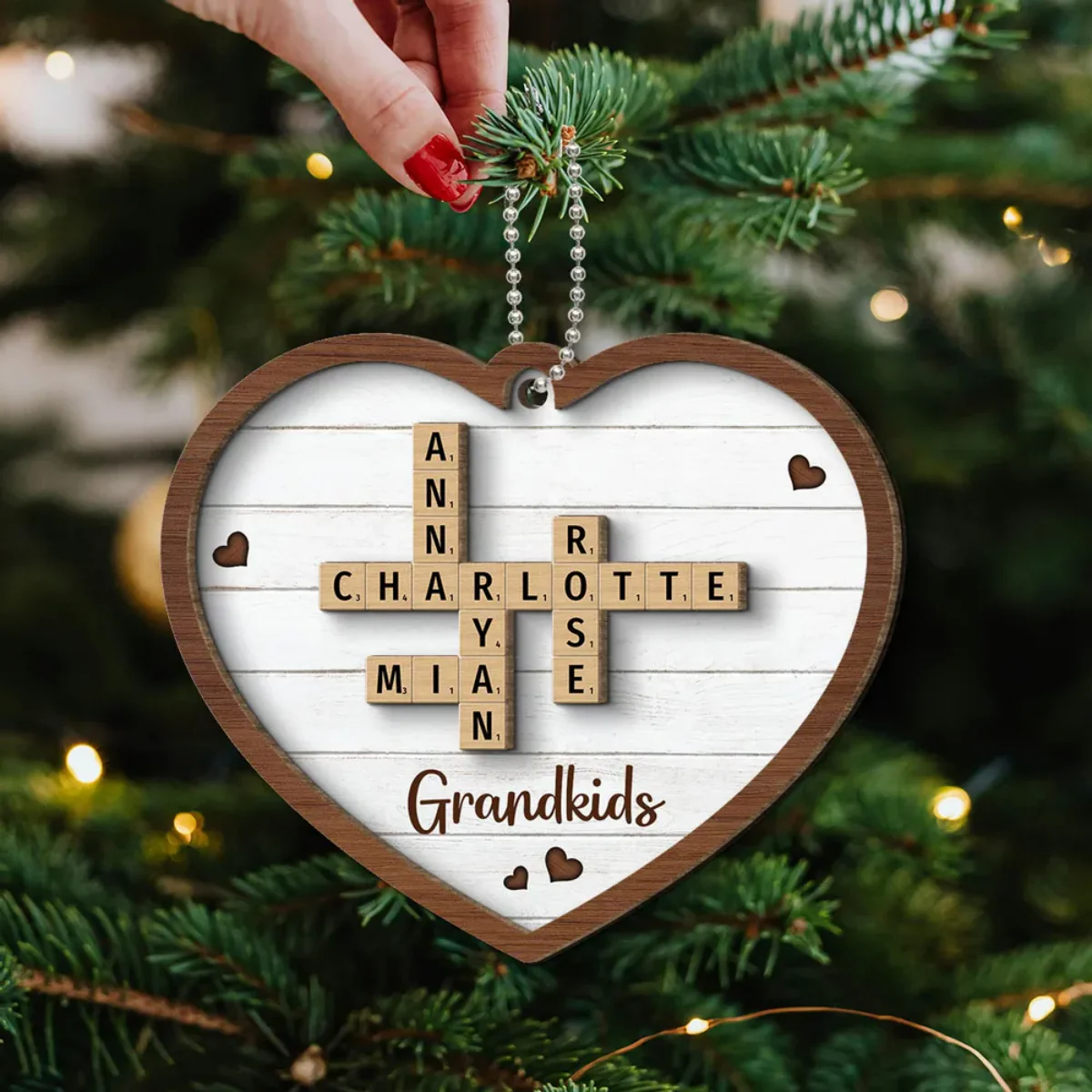 Grandkids Crossword Puzzle Art Personalized Heart Shaped 2-Layer Wooden Ornament - Image 4