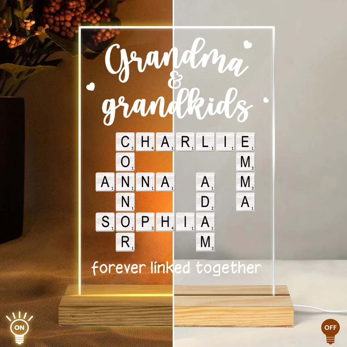 Grandma Grandpa & Grandkids Forever Linked Together Crossword Puzzle Personalized Acrylic Plaque With LED Night Light - Image 3