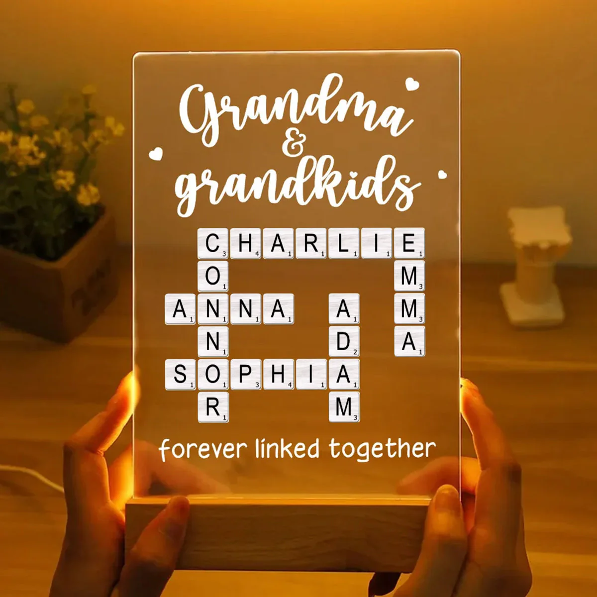 Grandma Grandpa & Grandkids Forever Linked Together Crossword Puzzle Personalized Acrylic Plaque With LED Night Light - Image 6