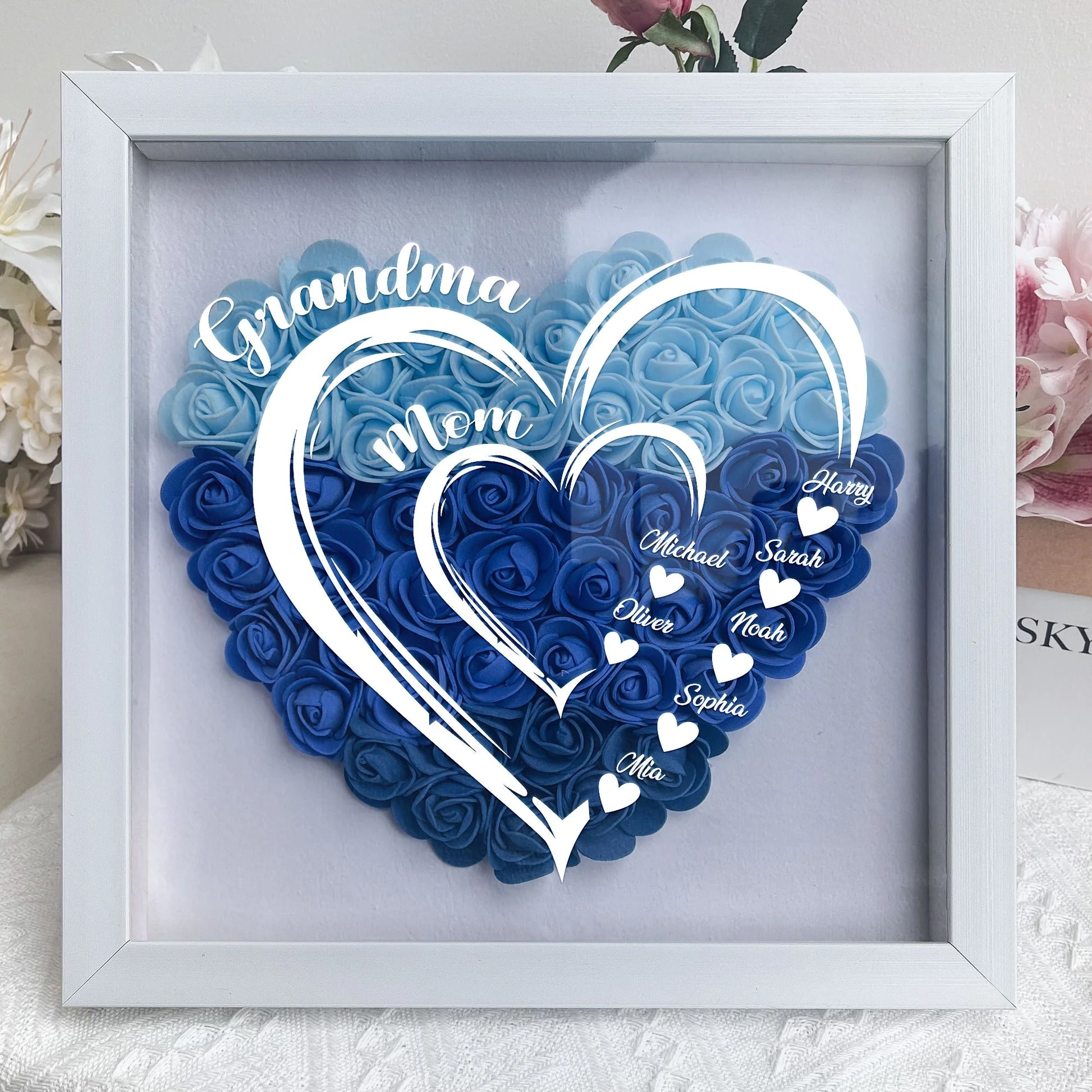 Grandma Hearts Mommy Hearts - Personalized Flower Shadow Box - Image 2