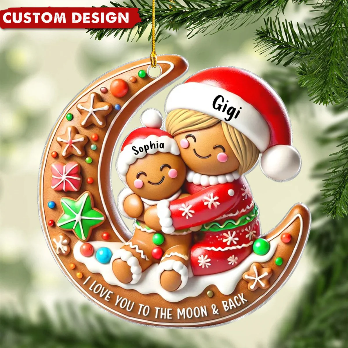 Grandma Hugging Grandkid On Moon - Christmas Personalized Acrylic Ornament - Image 2