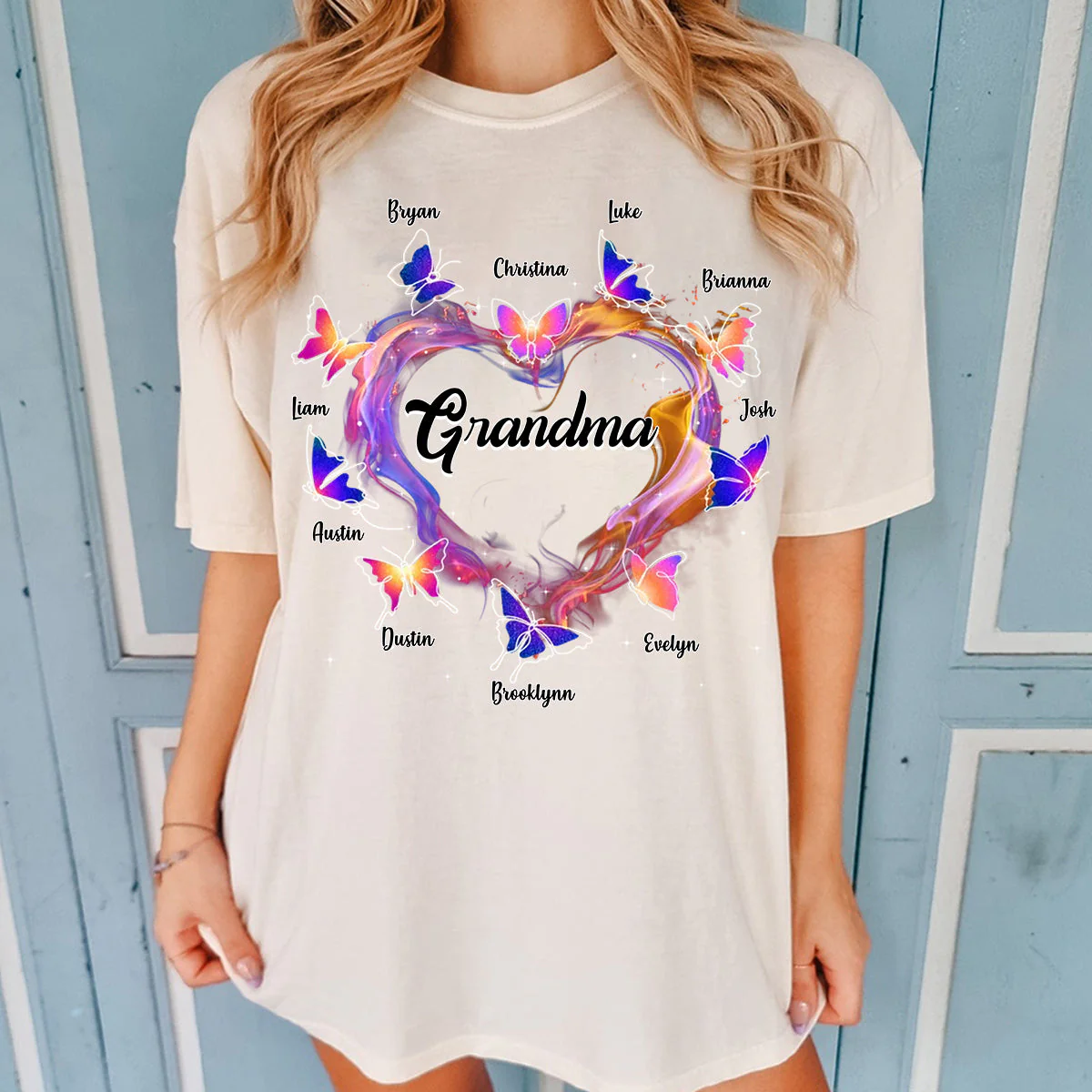 Grandma Mom Colorful Heart Butterflies Personalized Pure Cotton T-shirt - Image 3