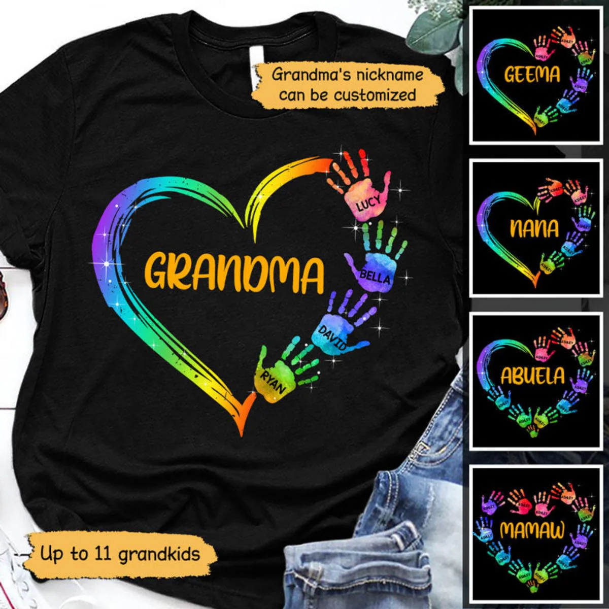 Grandma Mom Heart Hand Print Personalized Pure cotton T-Shirt - Image 2