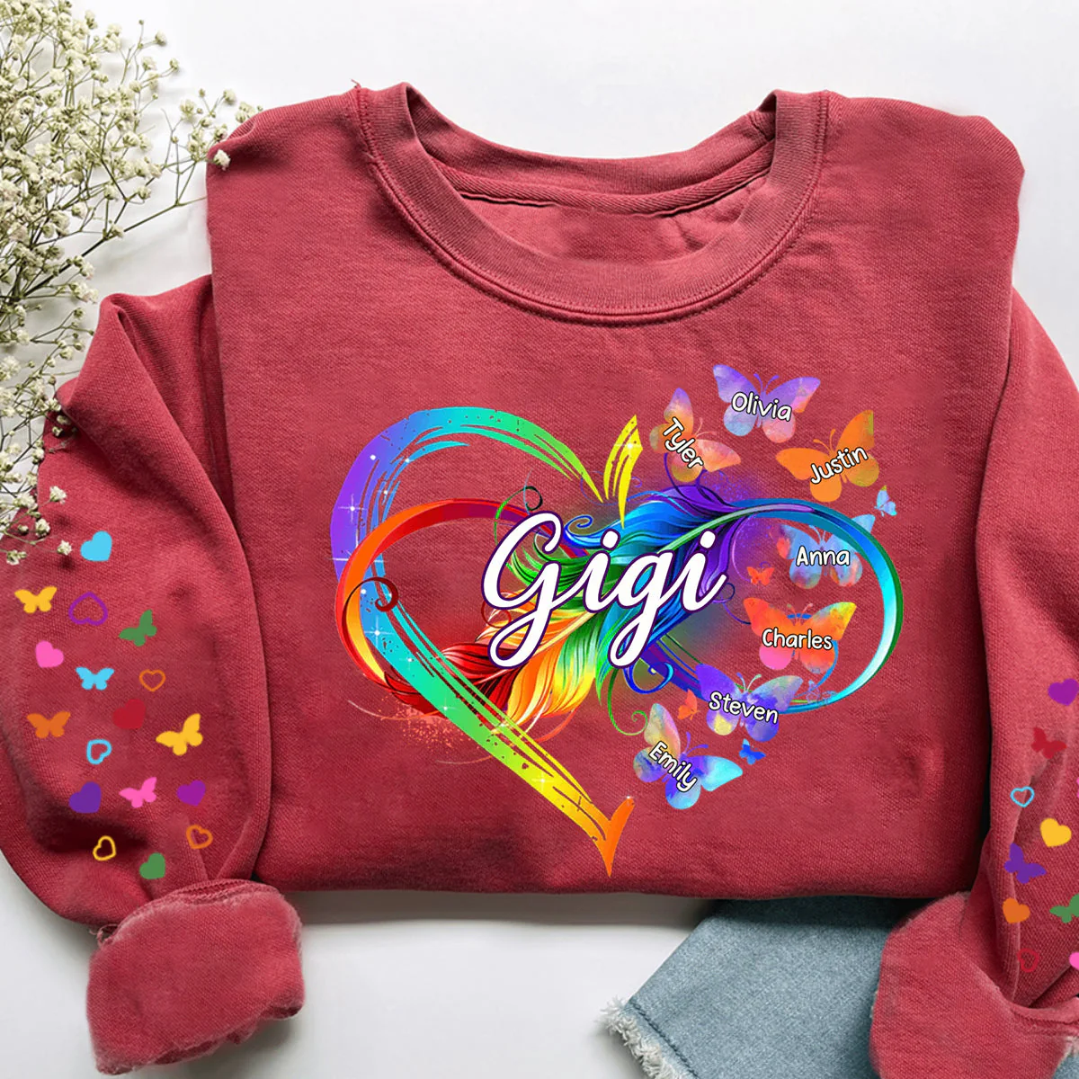 Grandma Mom Infinity Heart Butterflies Personalized Sleeve Printed Sweatshirt - Image 2