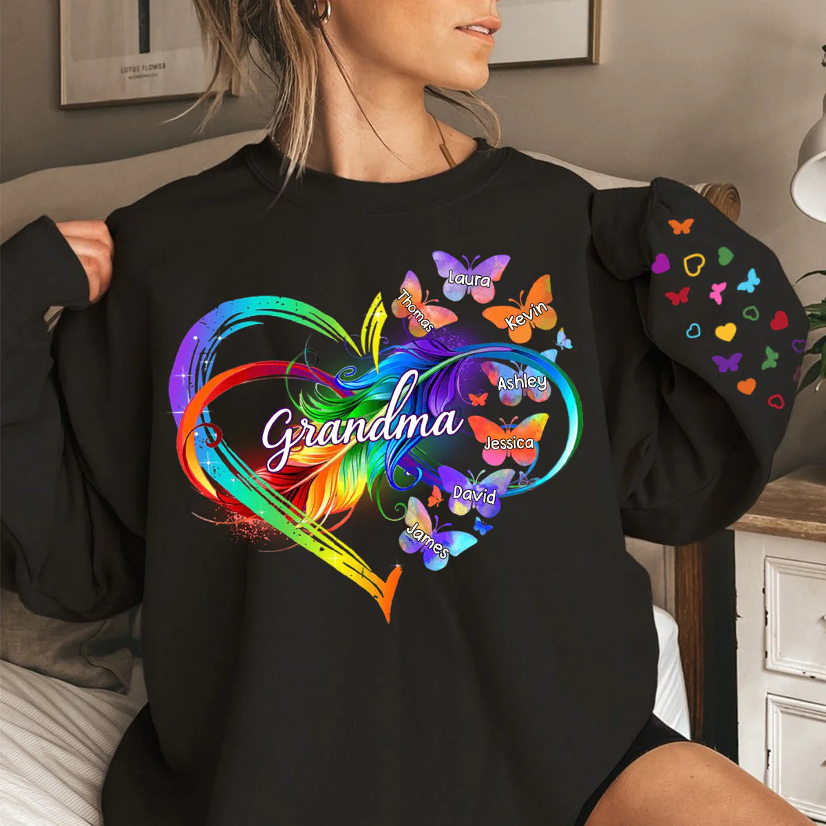 Grandma Mom Infinity Heart Butterflies Personalized Sleeve Printed Sweatshirt - Image 3