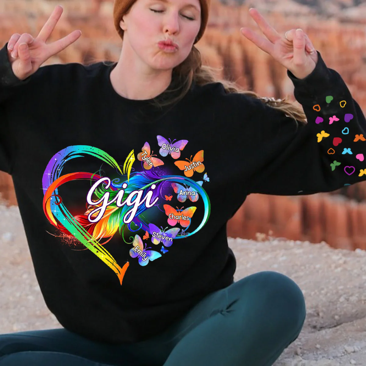Grandma Mom Infinity Heart Butterflies Personalized Sleeve Printed Sweatshirt - Image 4