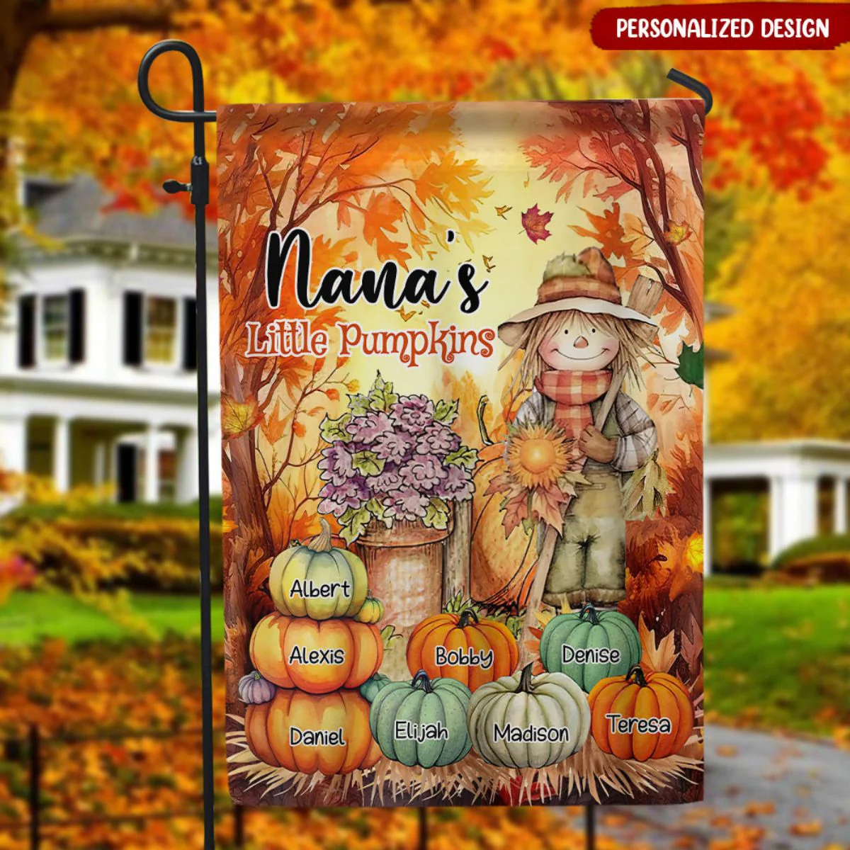 Grandma, Mom Little Pumpkins Scarecrow With Pumpkins Personalized Flag - Image 2