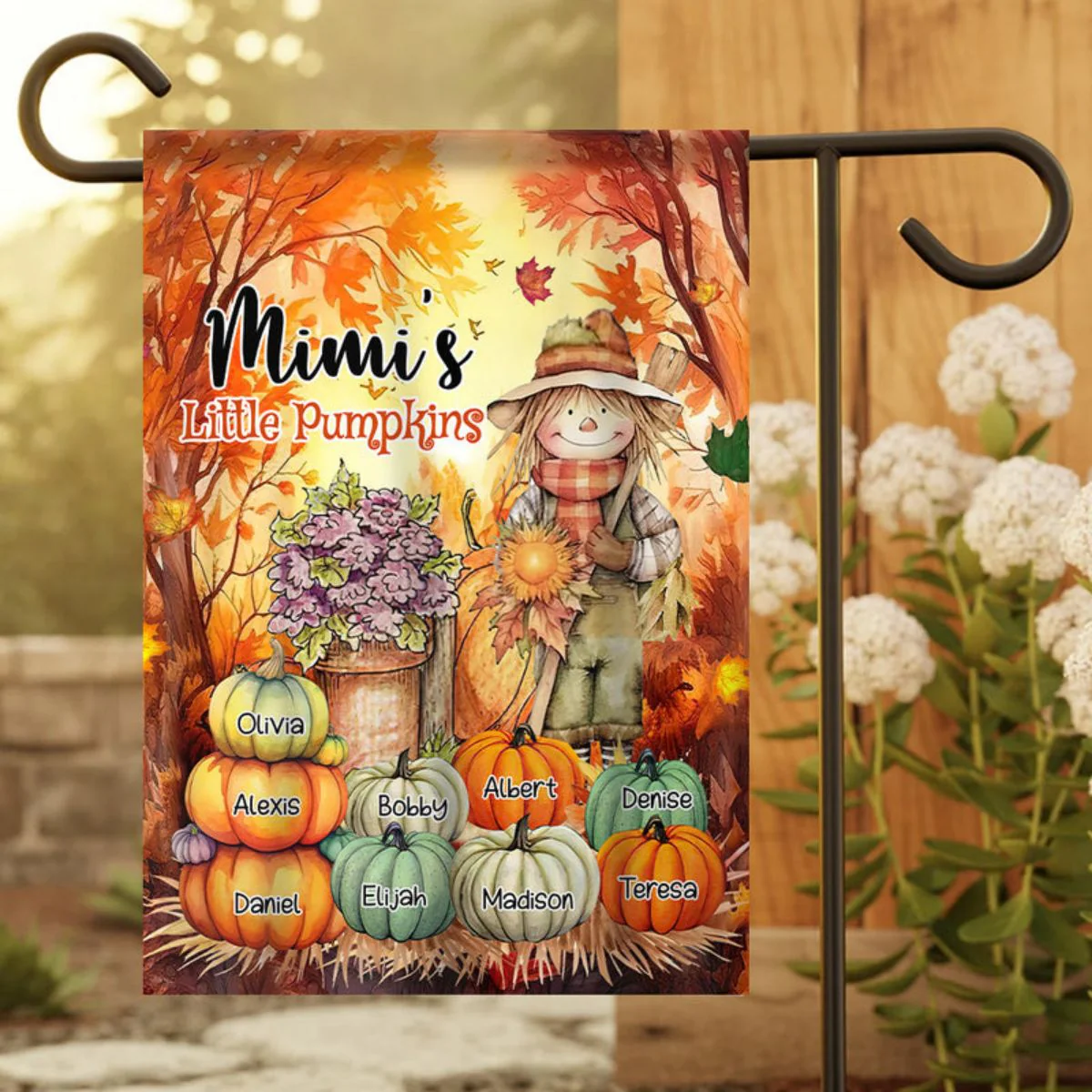 Grandma, Mom Little Pumpkins Scarecrow With Pumpkins Personalized Flag - Image 3