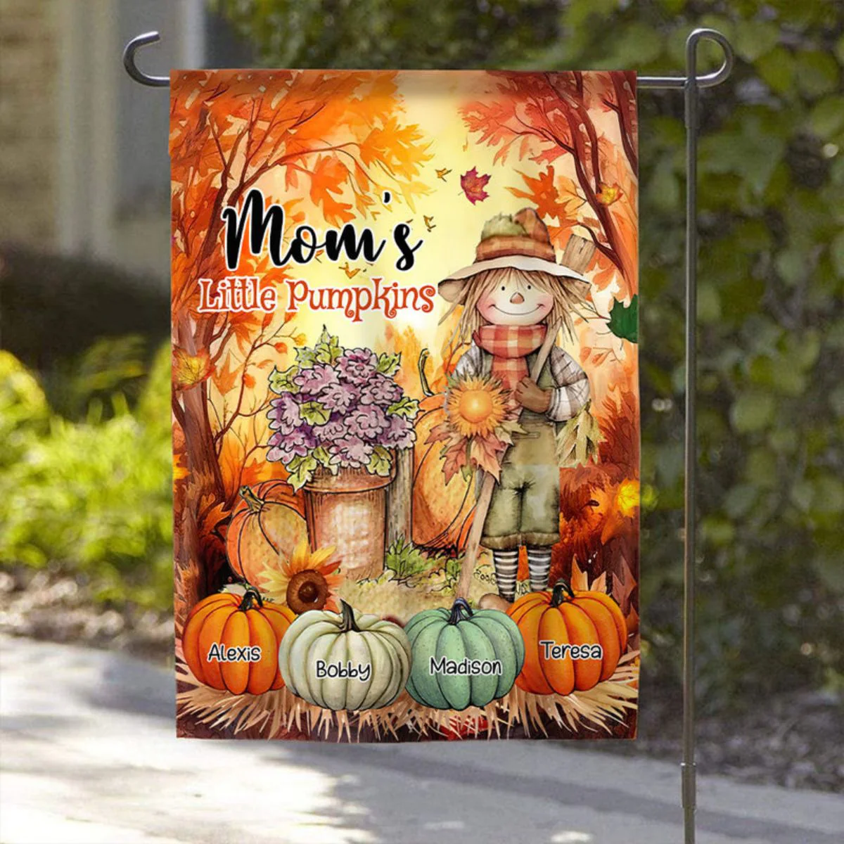 Grandma, Mom Little Pumpkins Scarecrow With Pumpkins Personalized Flag - Image 4