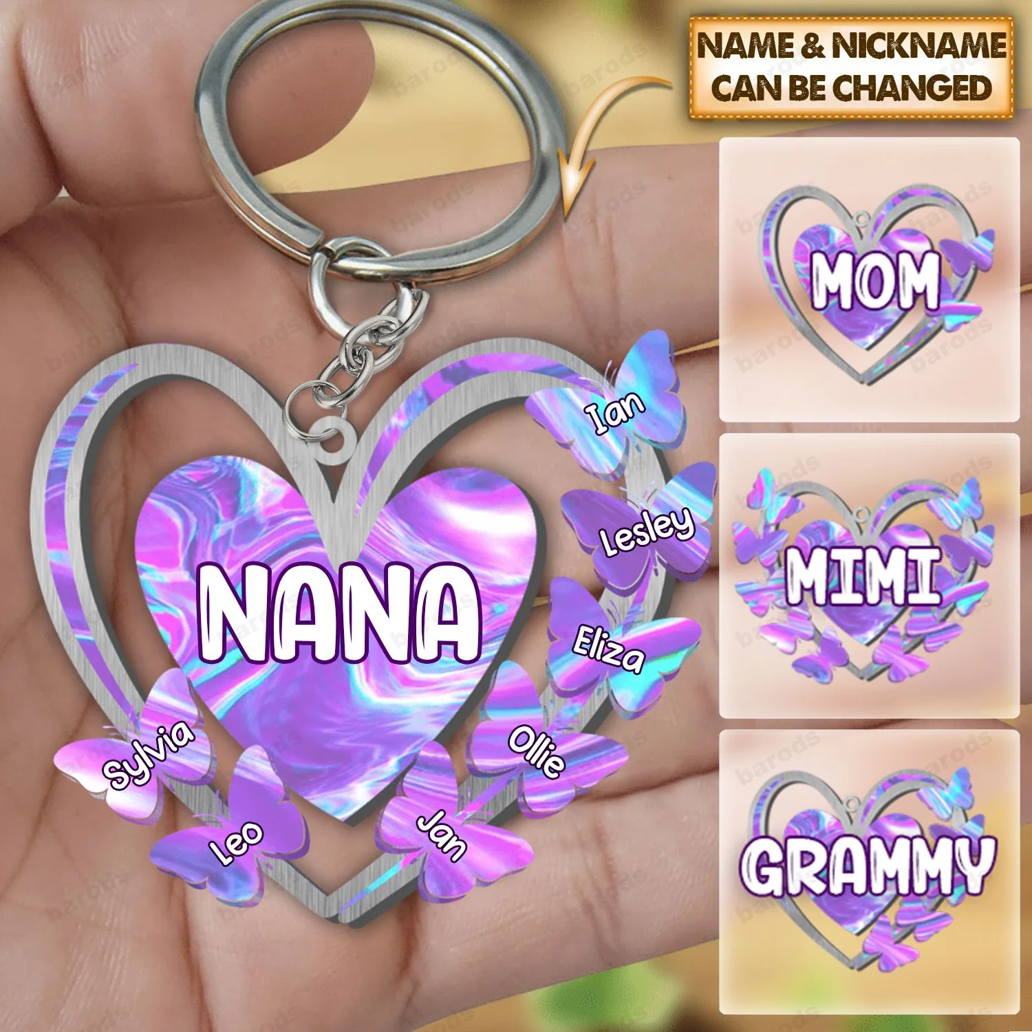 Grandma, Mom, Nana Hologram Heart Butterfly Kids - Personalized Keychain - Image 2