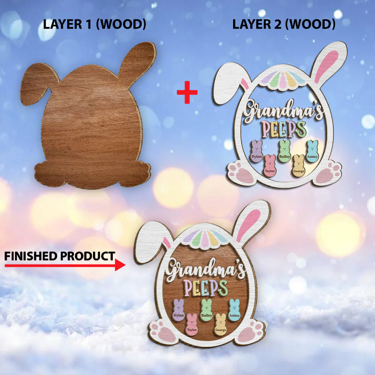 Grandma Nana Mimi Easter Bunnies - Personalized 2-Layer Wooden Plaque - Image 4