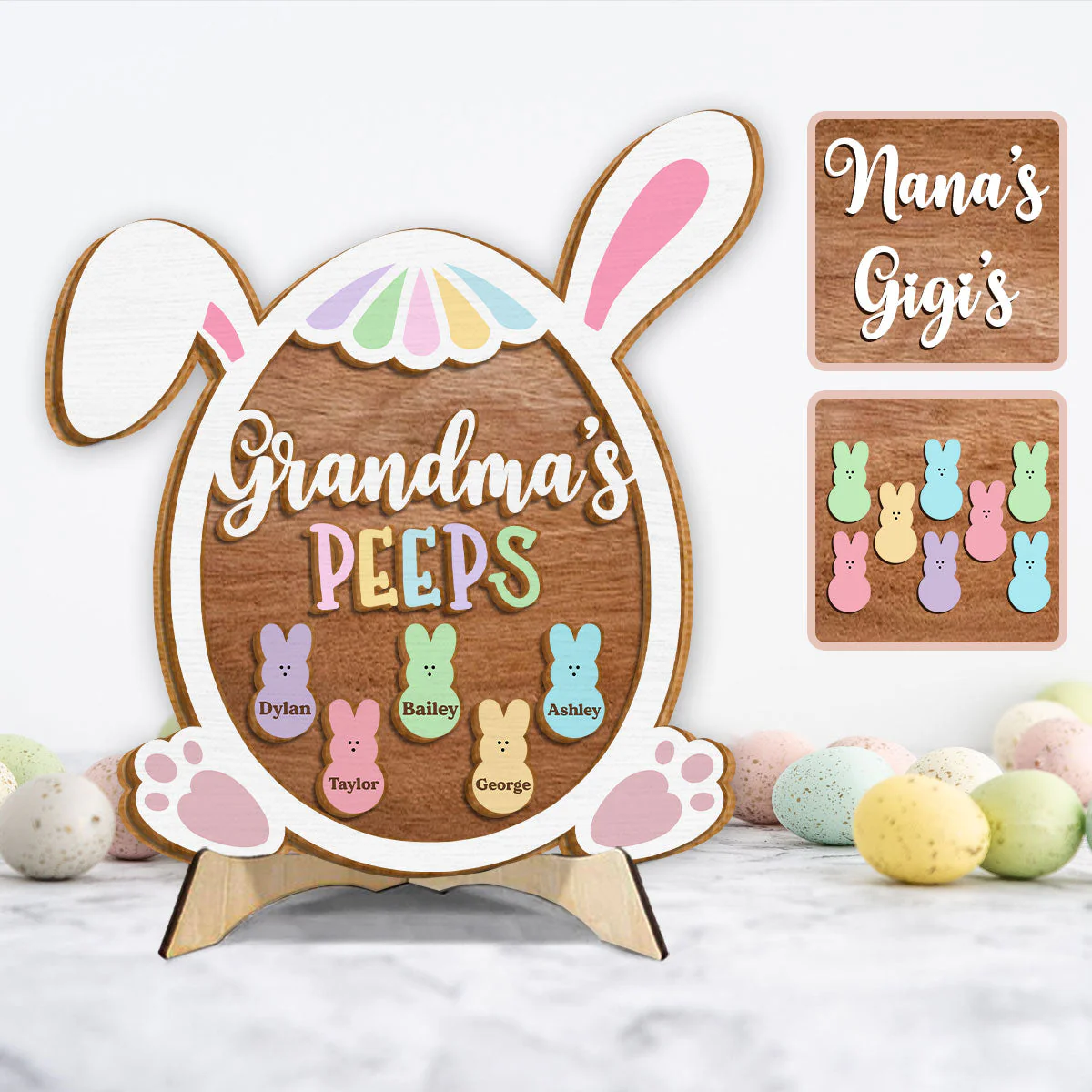 Grandma Nana Mimi Easter Bunnies - Personalized 2-Layer Wooden Plaque - Image 5