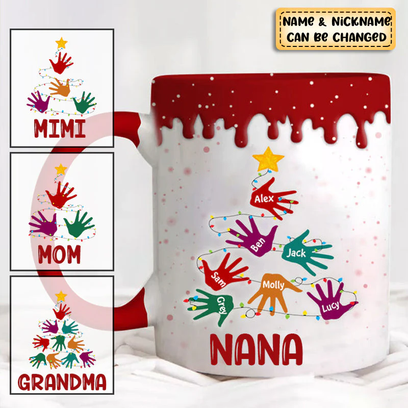 Grandma Nana Mom Handprint Christmas Tree Personalized Mug