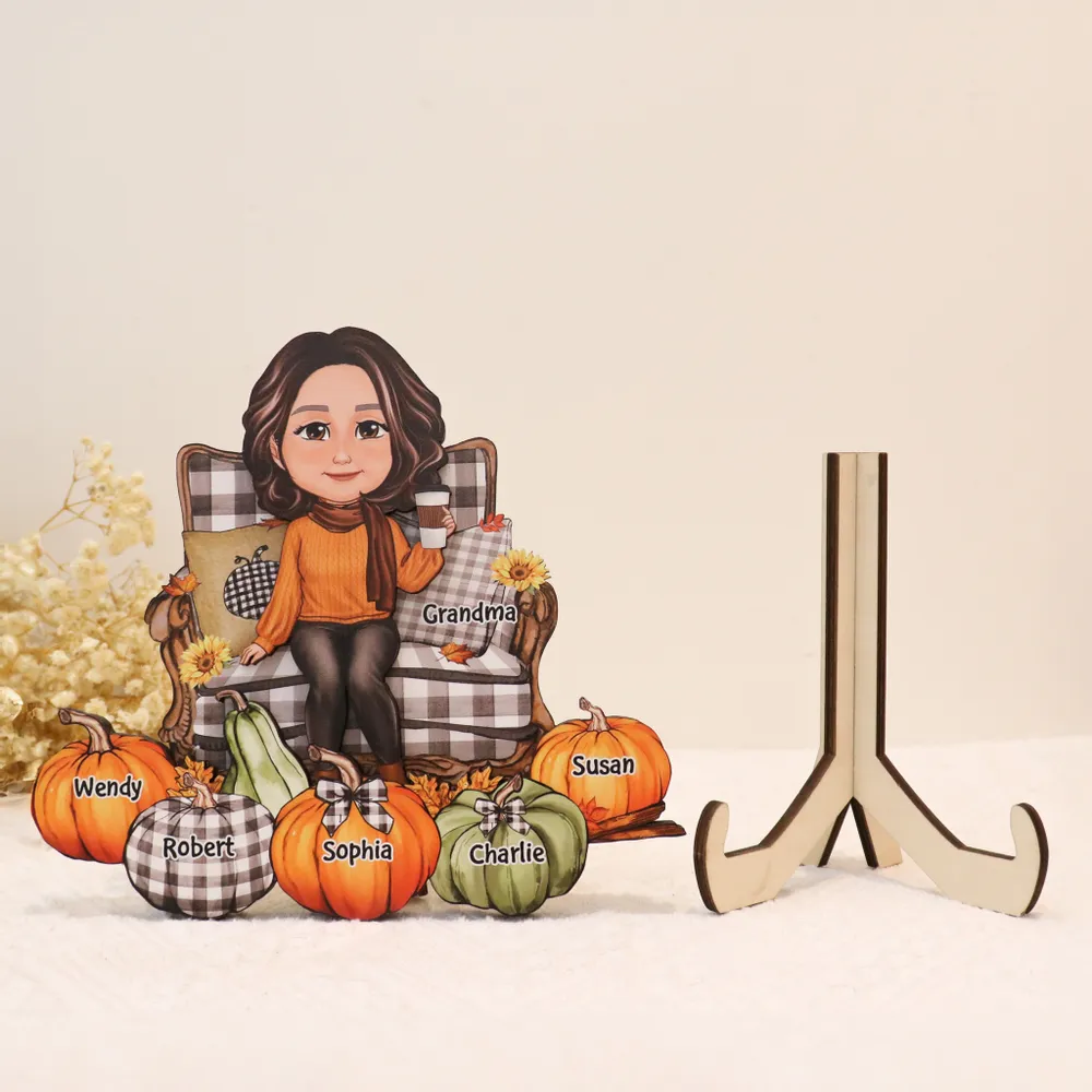 Grandma Sitting On Chair Pumpkins Personalized 2-Layer Wooden Plaque, Fall Season Decor - Image 2