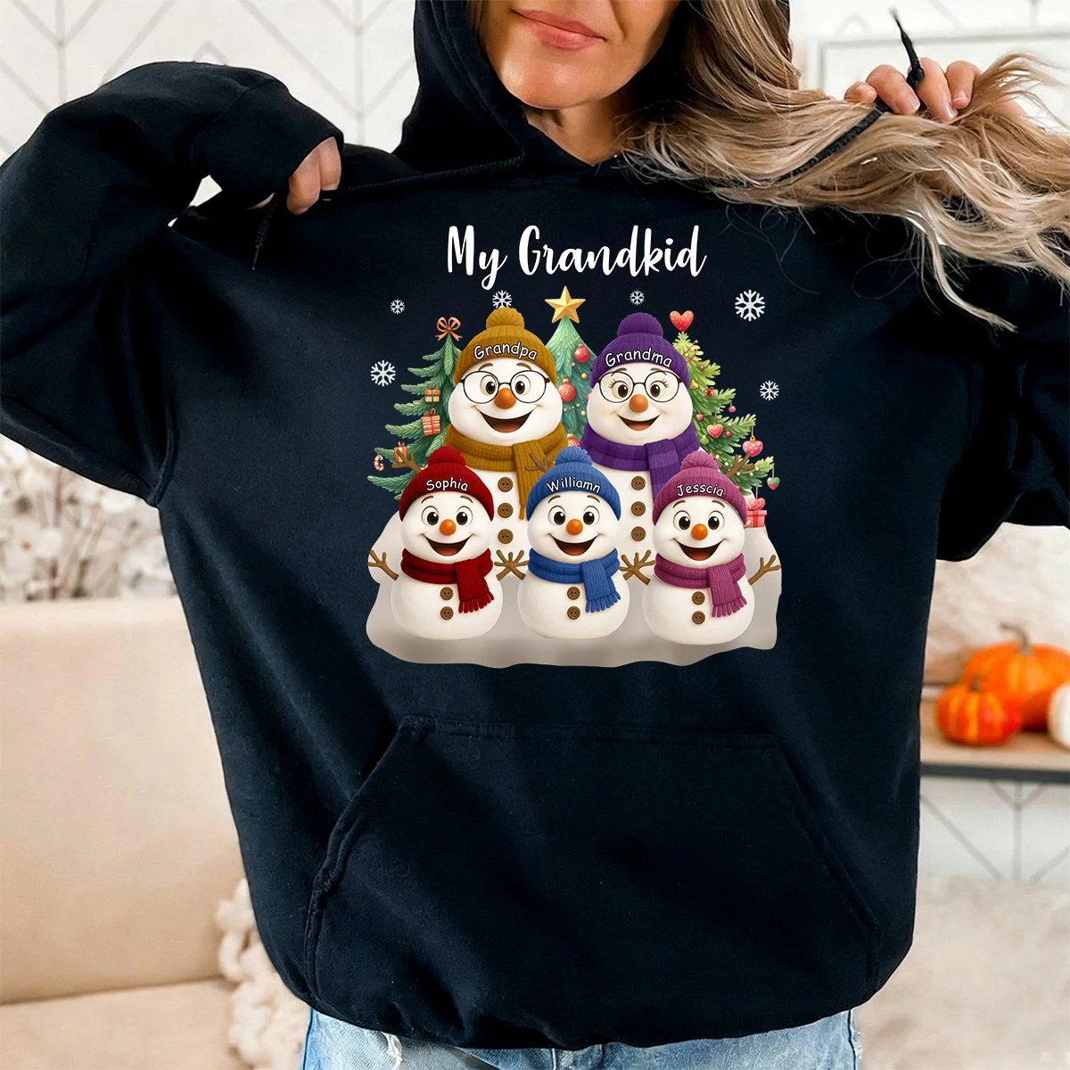 Grandma Snowman With Grandkids Lovely - Personalized Pure Cotton Hoodie - Image 2