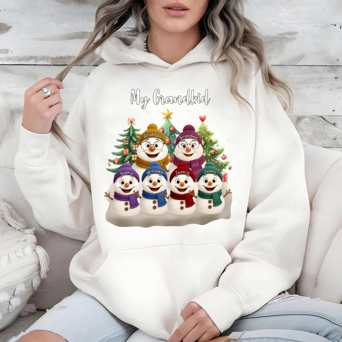 Grandma Snowman With Grandkids Lovely - Personalized Pure Cotton Hoodie - Image 5