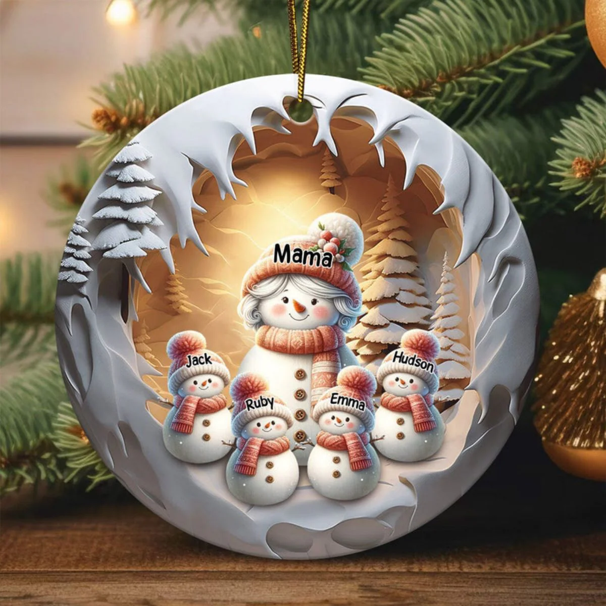 Grandma Snowman With Little Snowman Kids Personalized Ceramic Ornament - Image 3