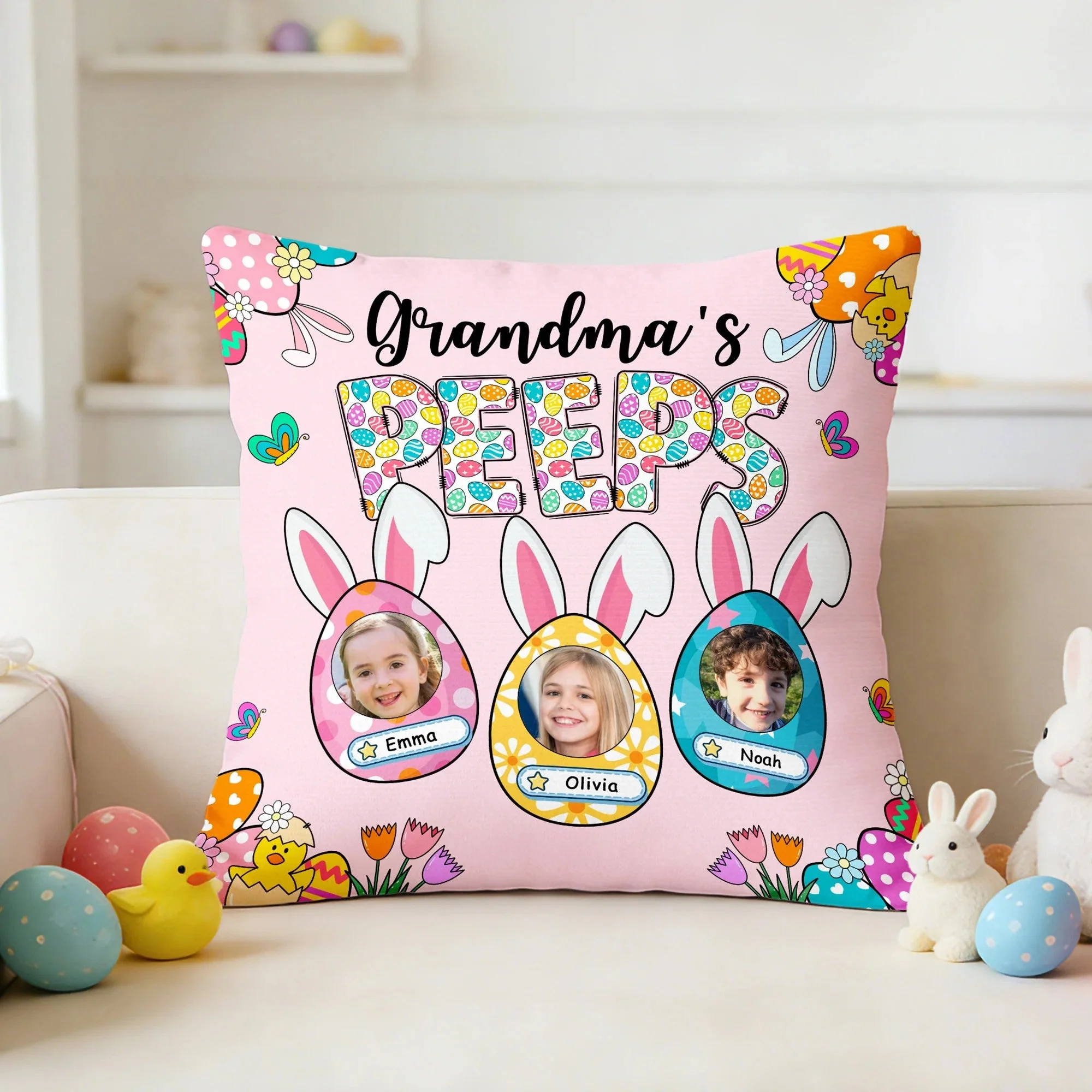 Grandma's Bunnies Ears Easter Eggs Photo Soft Throw Pillow Cover with Name - Personalized Pillow - Image 2