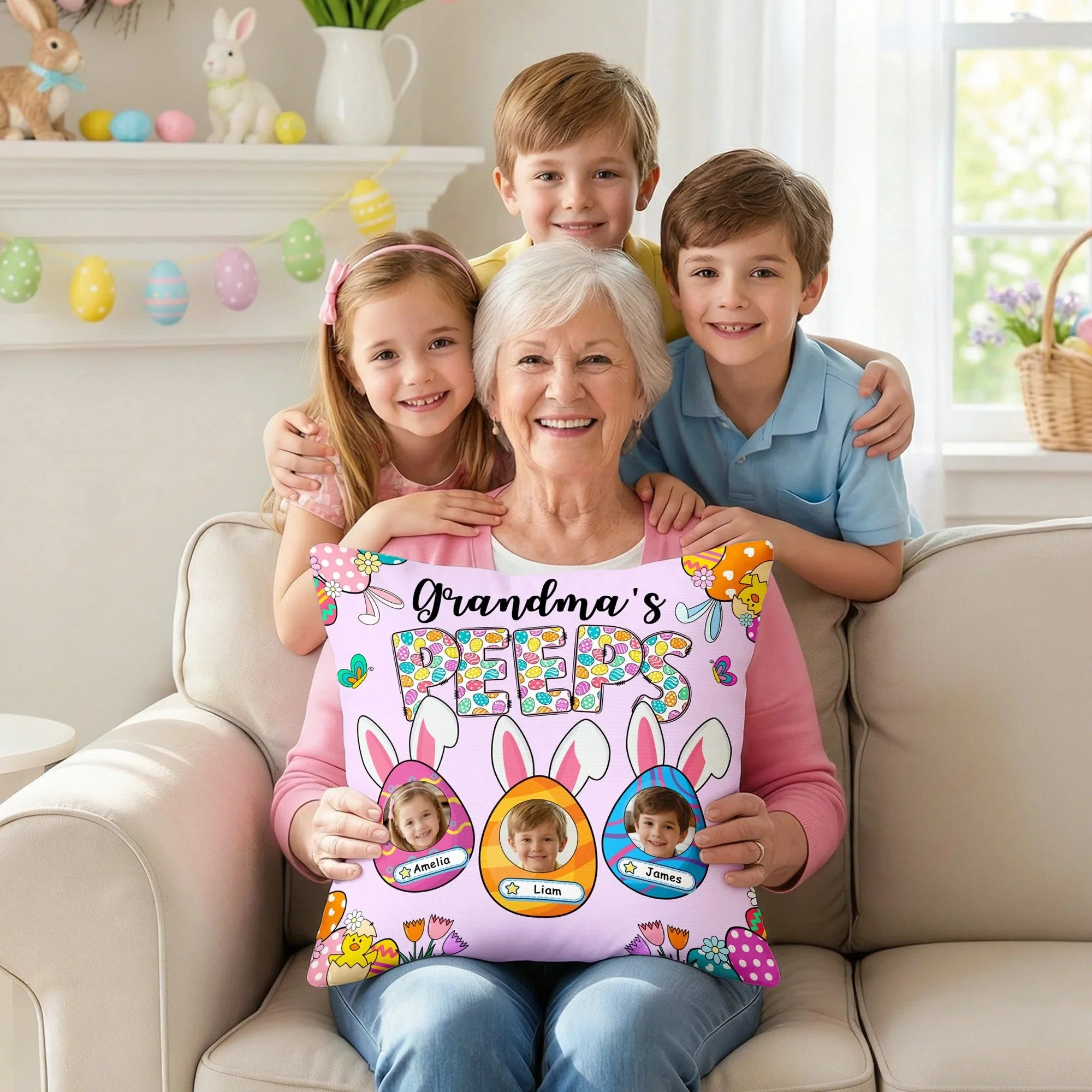 Grandma's Bunnies Ears Easter Eggs Photo Soft Throw Pillow Cover with Name - Personalized Pillow - Image 3