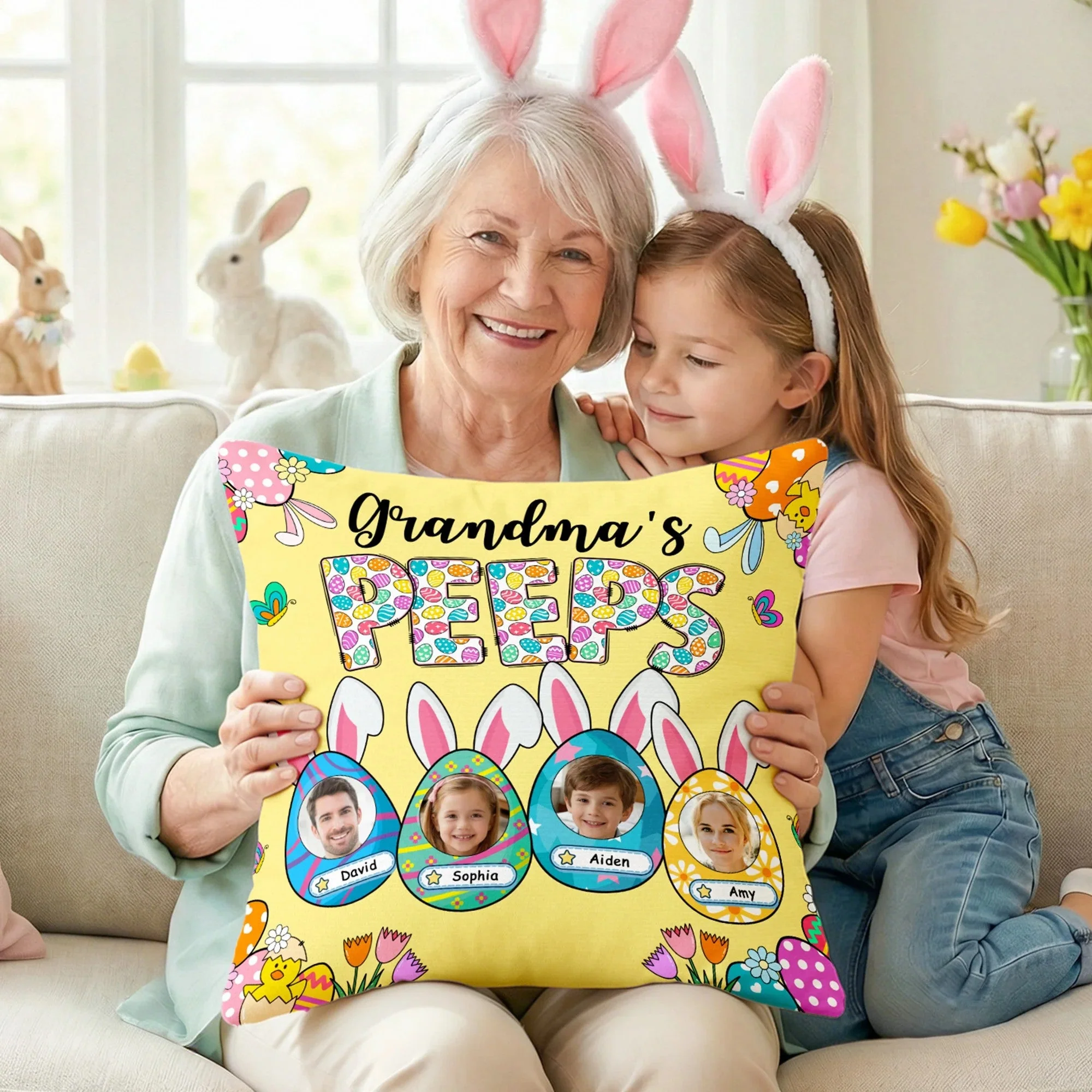 Grandma's Bunnies Ears Easter Eggs Photo Soft Throw Pillow Cover with Name - Personalized Pillow - Image 4