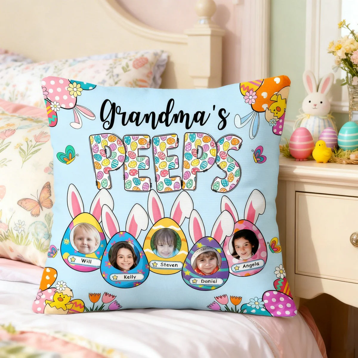 Grandma's Bunnies Ears Easter Eggs Photo Soft Throw Pillow Cover with Name - Personalized Pillow - Image 7