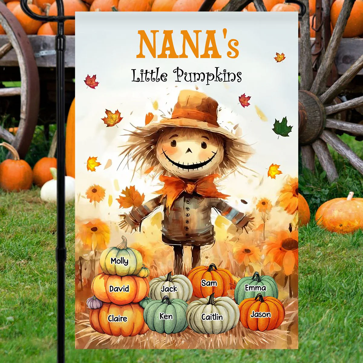 Grandma's Little Pumpkins Scarecrow Standing With Pumpkins Around Personalized Flag - Image 2