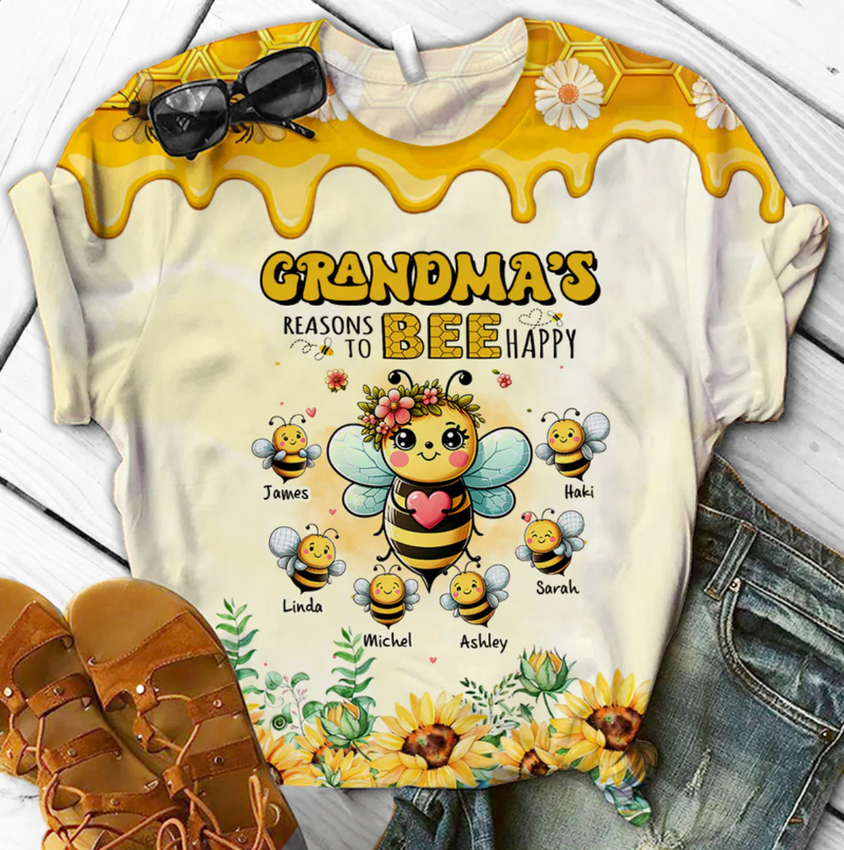 Grandma's Reasons To Bee Happy Personalized 3D T-shirt - Image 3