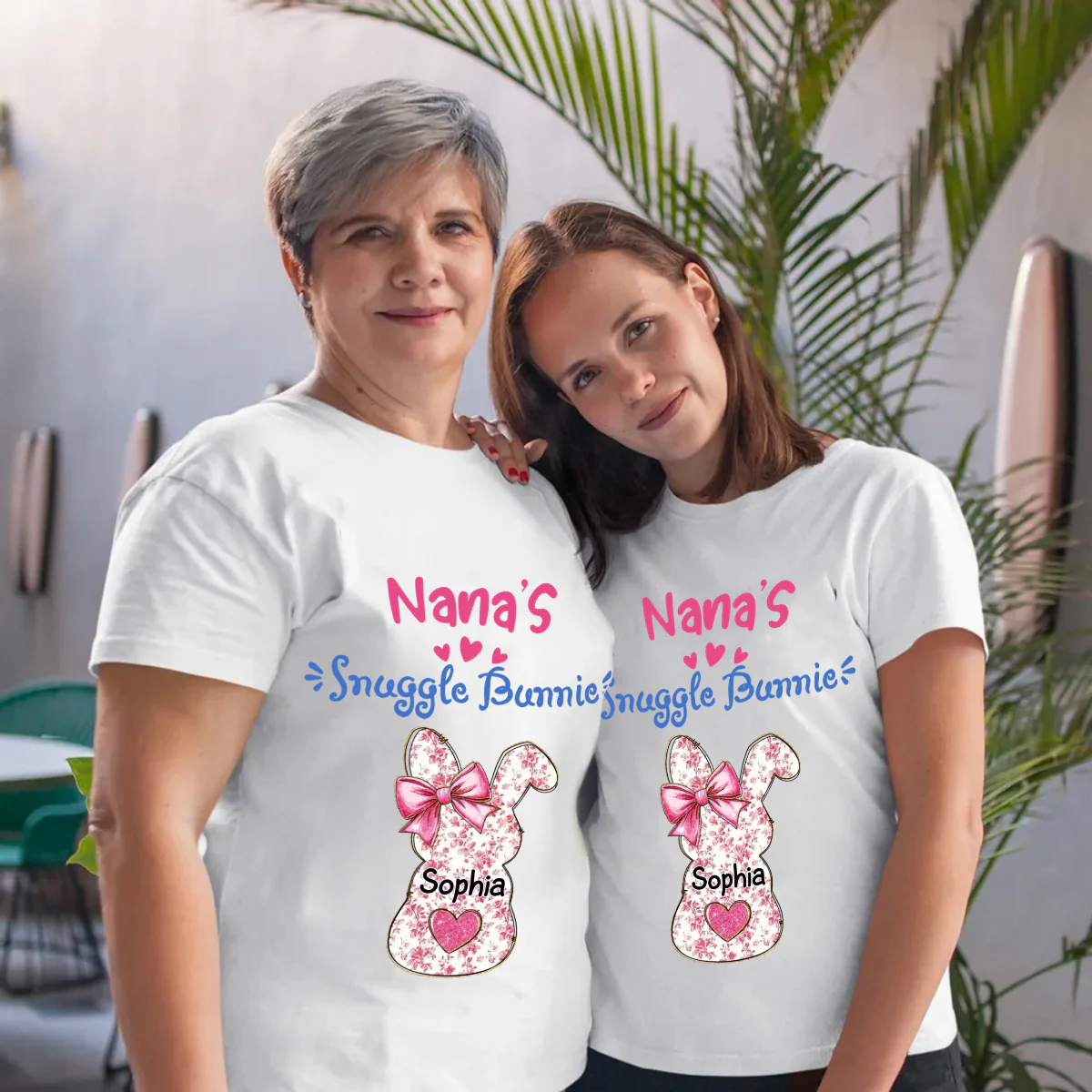 Grandmas Snuggle Bunnies Ribbon Easter Day - Personalized Pure Cotton T-Shirt - Image 2